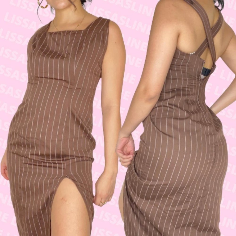 Vintage brown pin striped midi dress with a thigh slit square neckline size 3